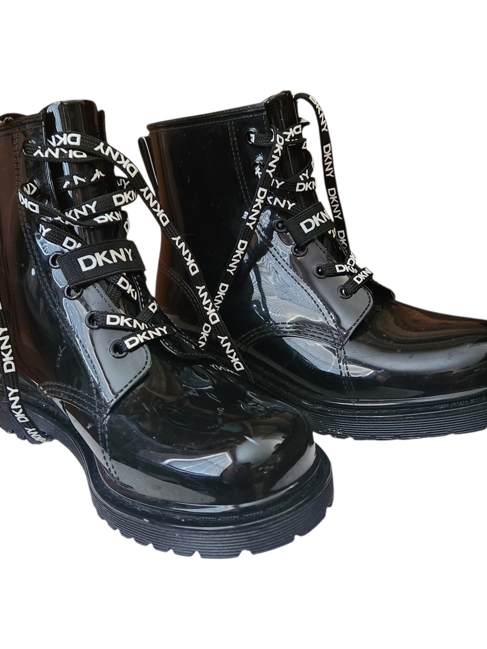 DKNY Tilly Lace Up Glossy Black Patent Ladied Shoes Size 7- Chunky Sole